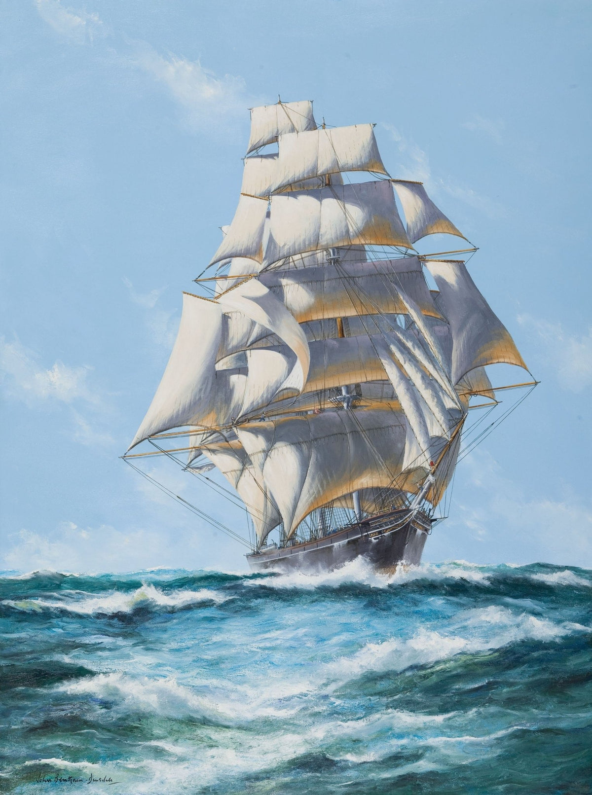 Hand-painted tall ship with full white sails at sea nautical oil painting on canvas