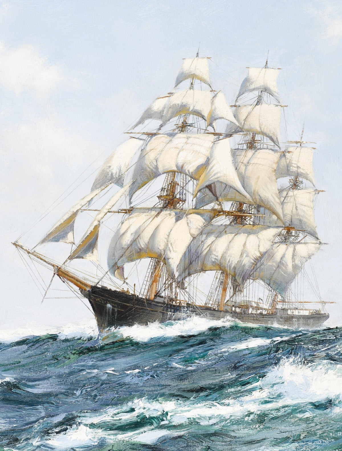 Hand-painted tall ship with white sails at sea nautical oil painting on canvas