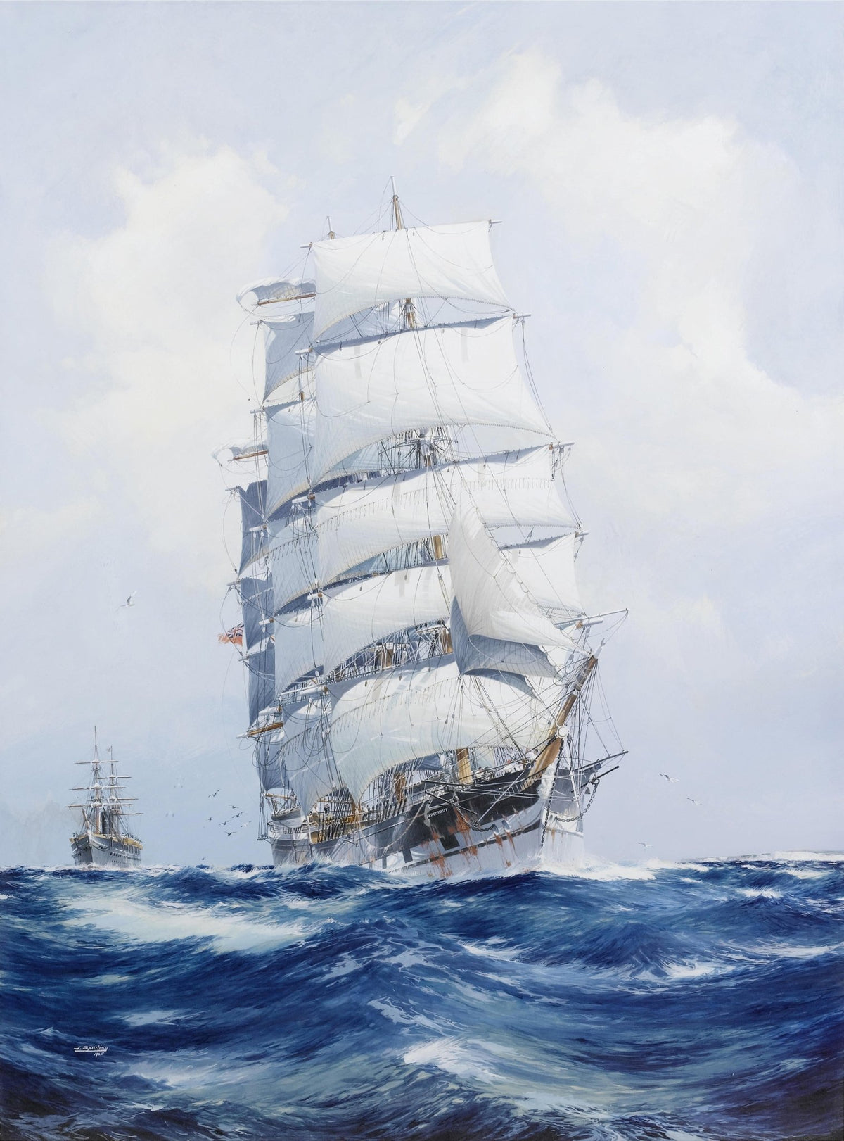 Hand-painted tall ship with white sails on blue sea nautical oil painting on canvas
