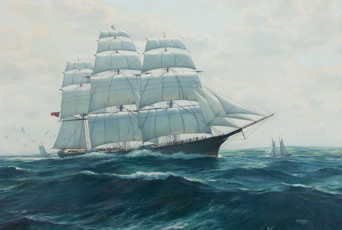 Hand-painted tall ship with white sails on blue waves nautical oil painting on canvas