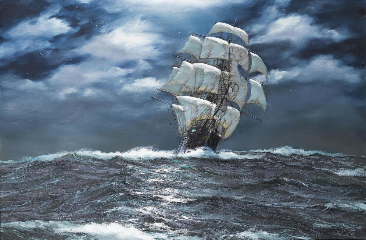 Hand-painted tall ship with white sails on dark sea nautical oil painting on canvas
