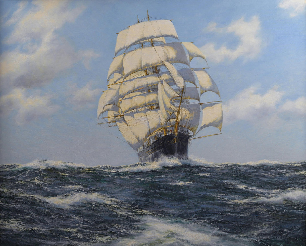 Hand-painted tall ship with white sails on open sea nautical oil painting on canvas