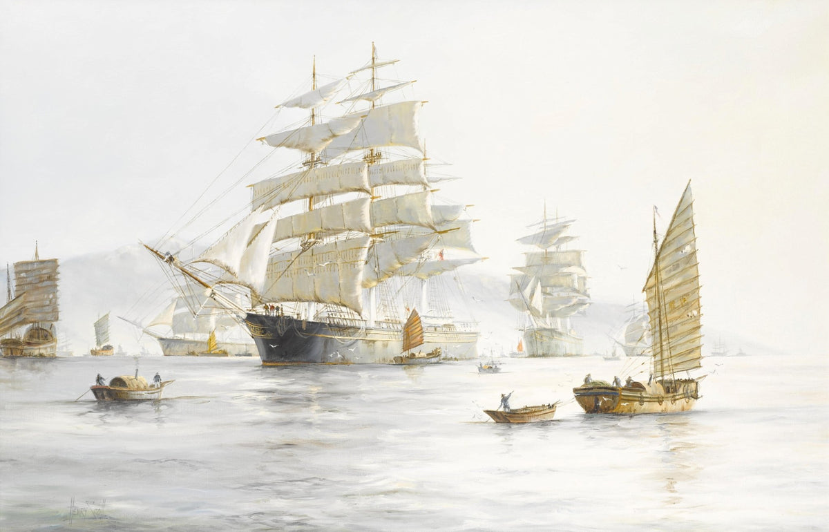 Hand-painted tall ships and junks on misty harbor nautical oil painting on canvas