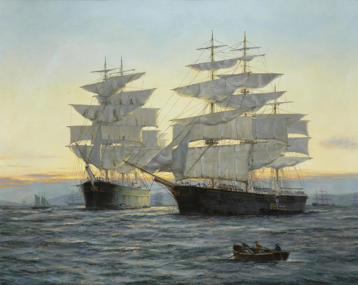 Hand-painted tall ships at sunset sea nautical oil painting on canvas