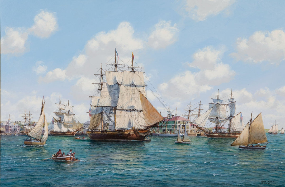 Hand-painted tall ships in a sunlit harbor scene nautical oil painting on canvas
