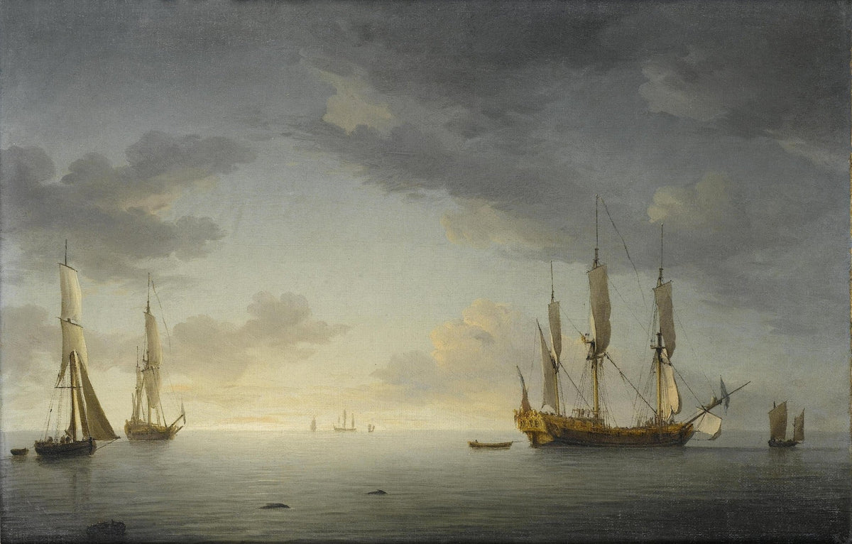 Hand-painted tall ships in calm harbor at dusk nautical oil painting on canvas