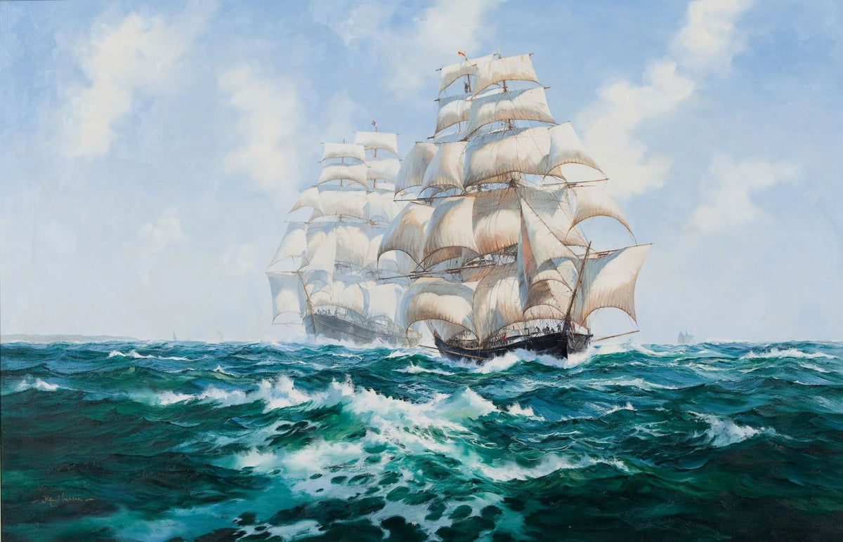 Hand-painted tall ships in raging sea nautical oil painting on canvas