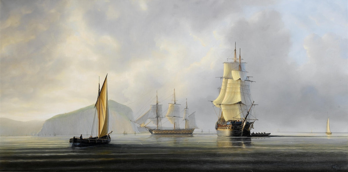 Hand-painted tall ships on calm coastal waters nautical oil painting on canvas
