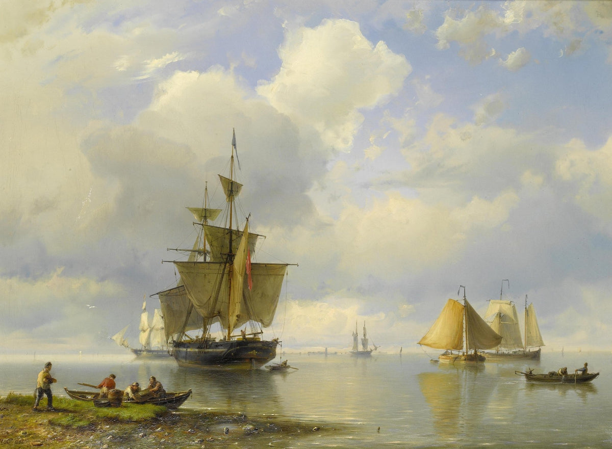 Hand-painted tall ships on calm waters nautical oil painting on canvas