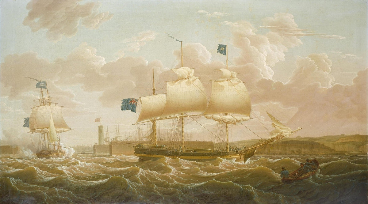 Hand-painted tall ships on golden stormy coastal seas nautical oil painting on canvas