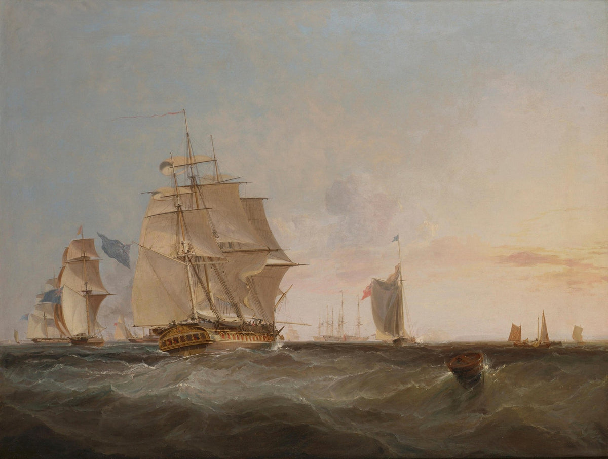 Hand-painted tall ships on rolling sea at sunset sky nautical oil painting on canvas