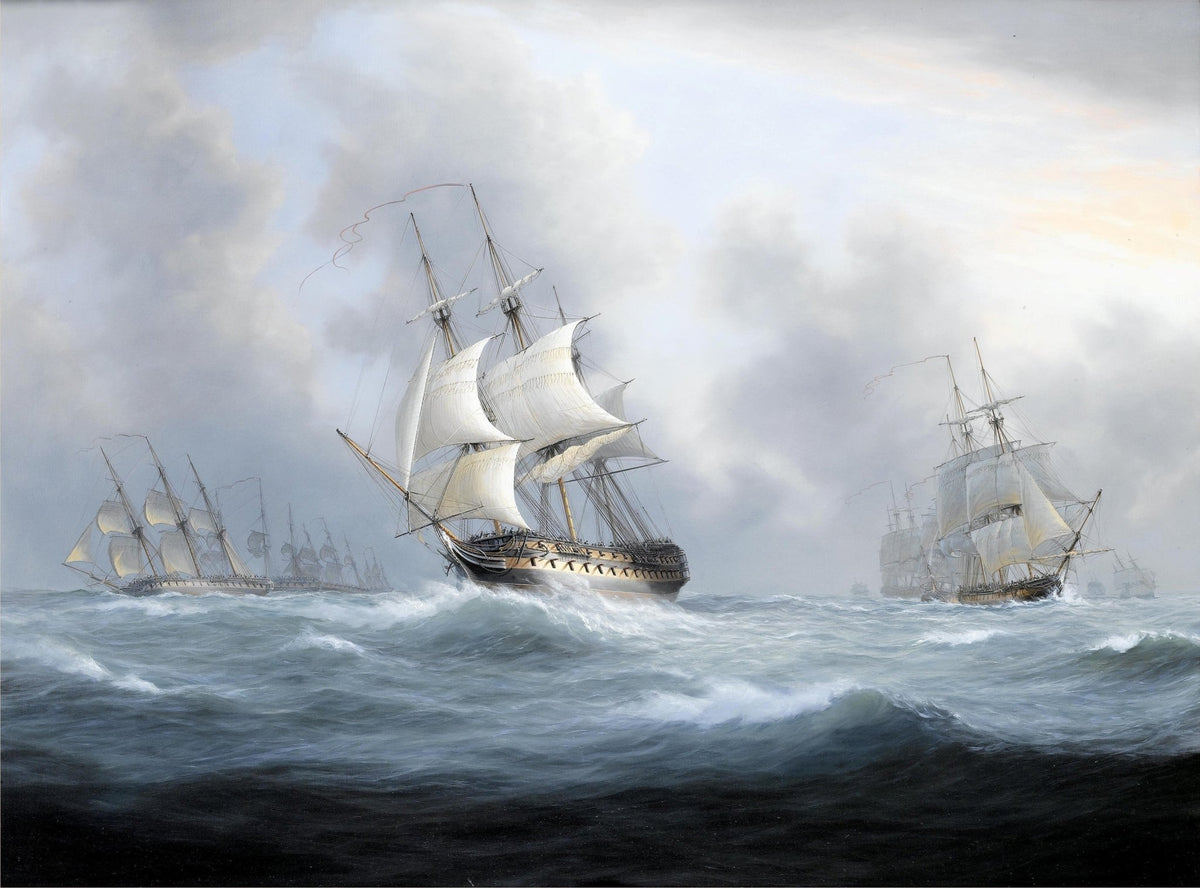 Hand-painted tall ships on rolling sea under clouds nautical oil painting on canvas
