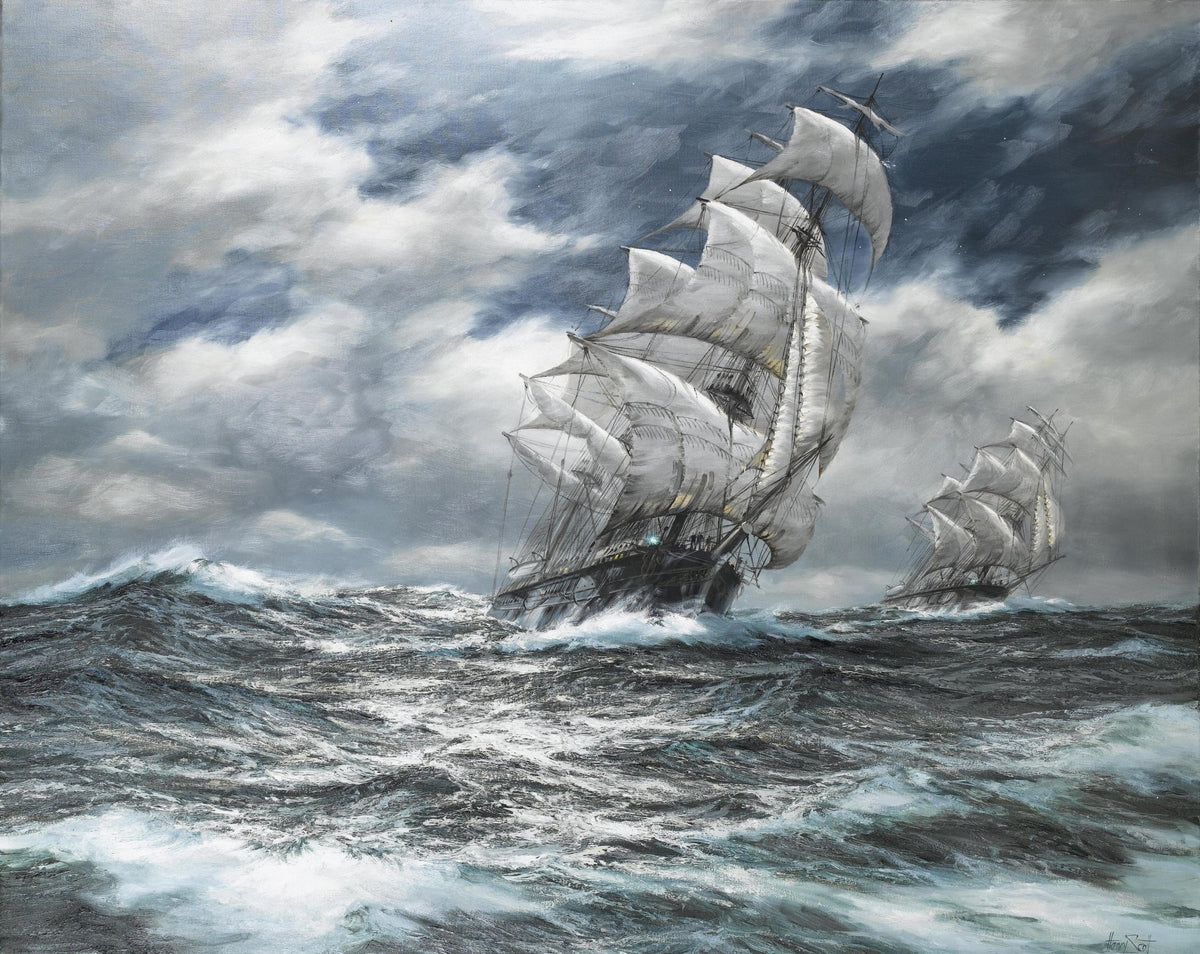 Hand-painted tall ships on stormy sea and dark clouds nautical oil painting on canvas