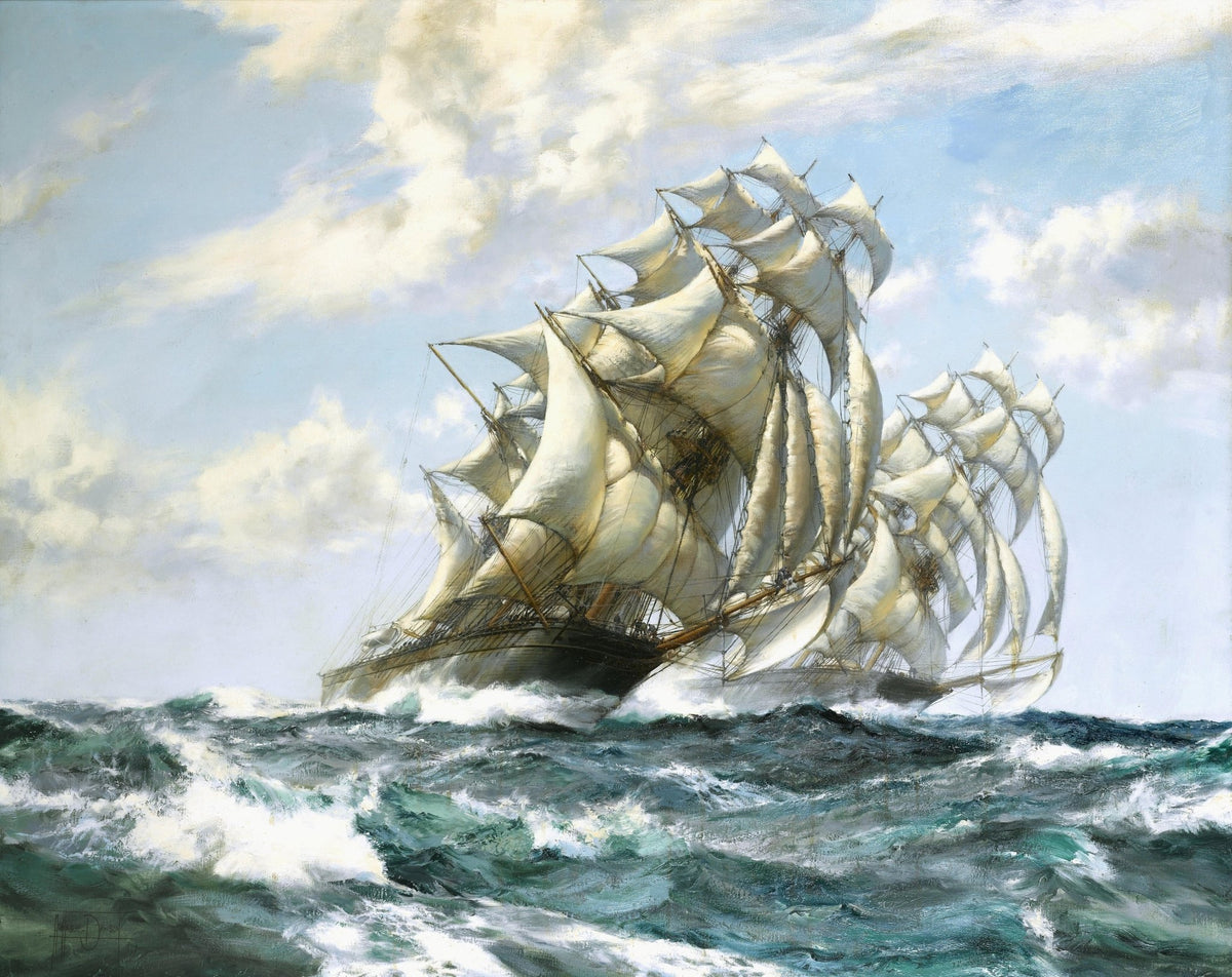 Hand-painted tall ships under full sails on blue sea nautical oil painting on canvas