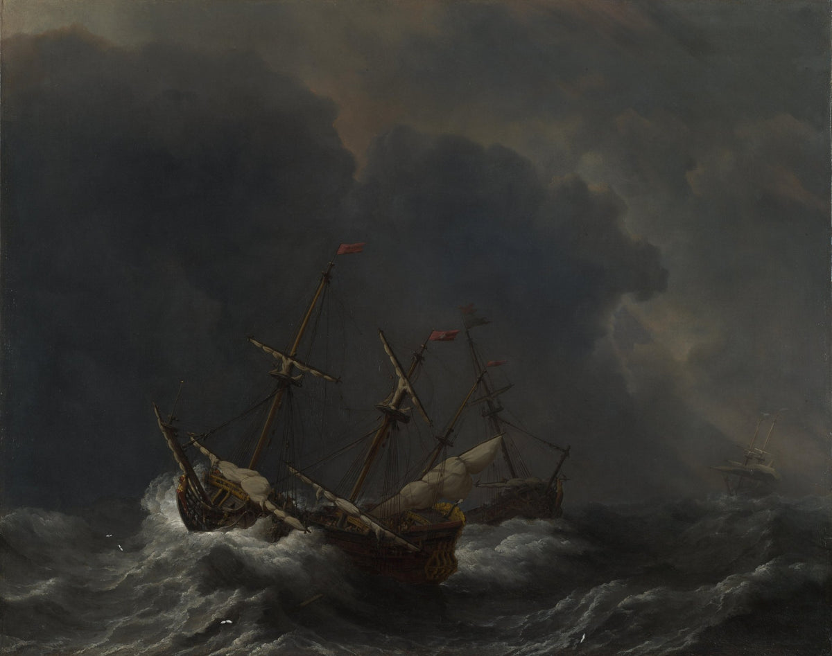 Hand-painted three ships battling a violent sea storm nautical oil painting on canvas