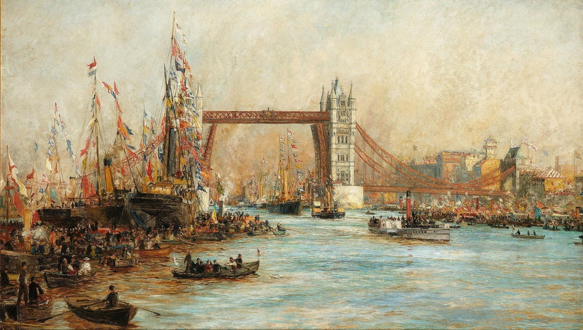 Hand-painted tower bridge harbor festival scene nautical oil painting on canvas