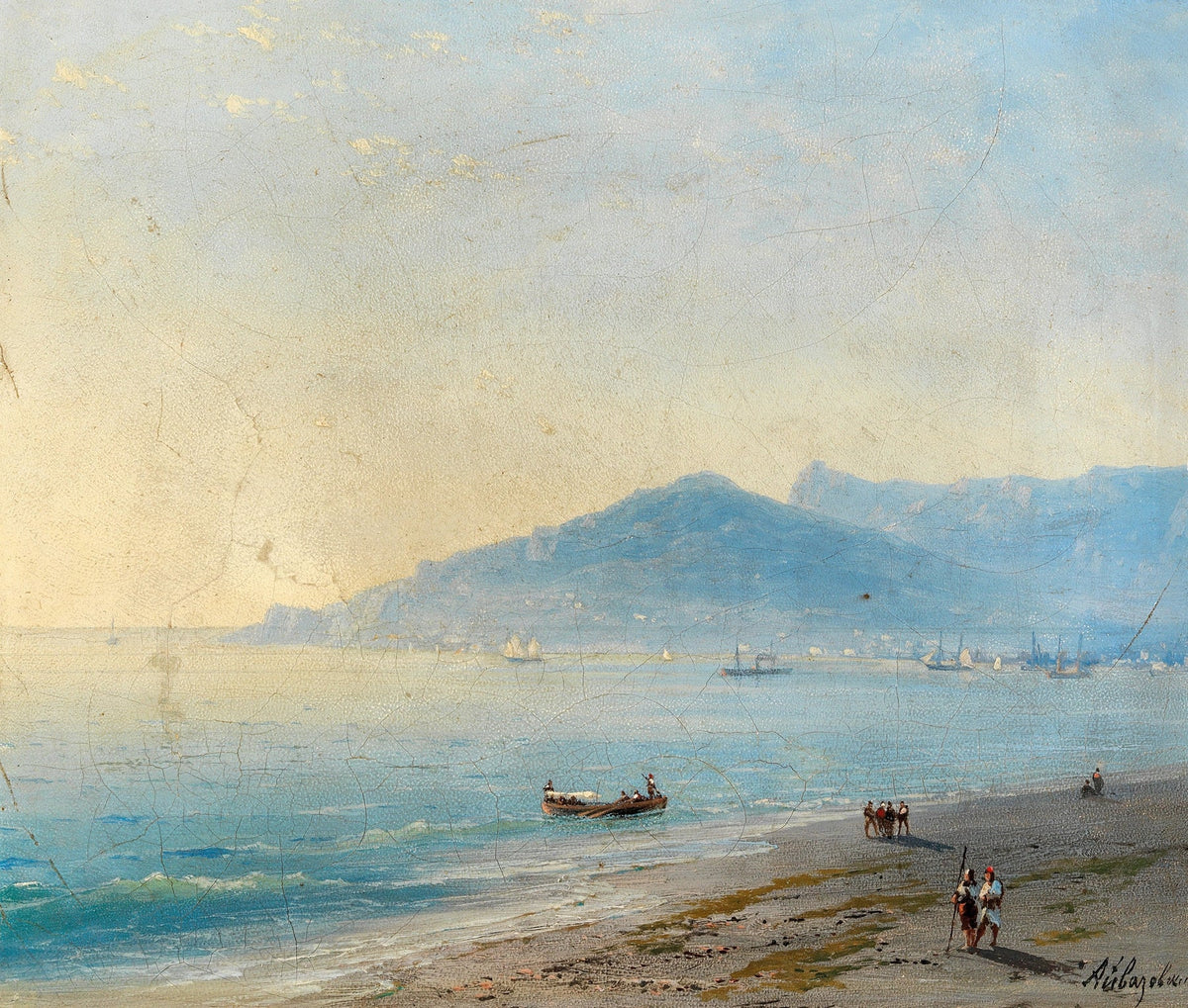 Hand-painted tranquil coastal shoreline nautical oil painting on canvas