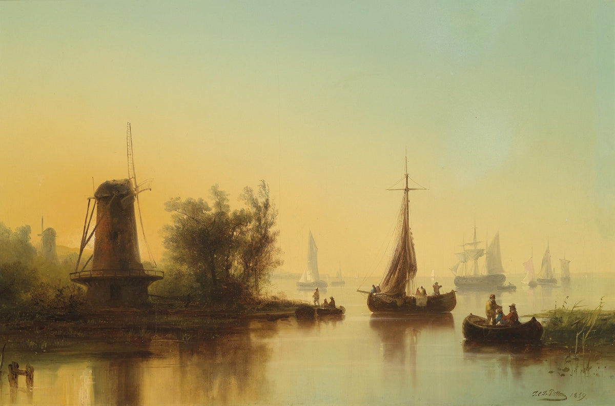 Hand-painted tranquil harbor at sunrise nautical oil painting on canvas
