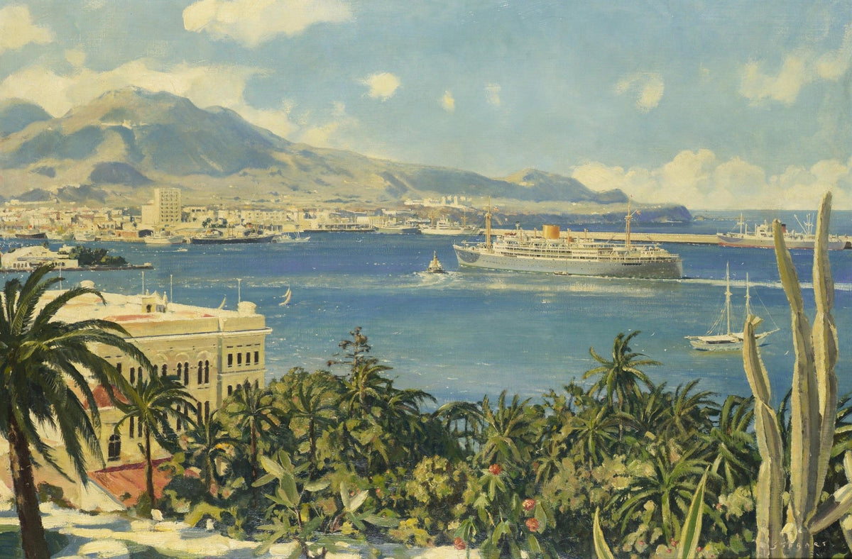 Hand-painted tropical harbor ocean liner and palms nautical oil painting on canvas