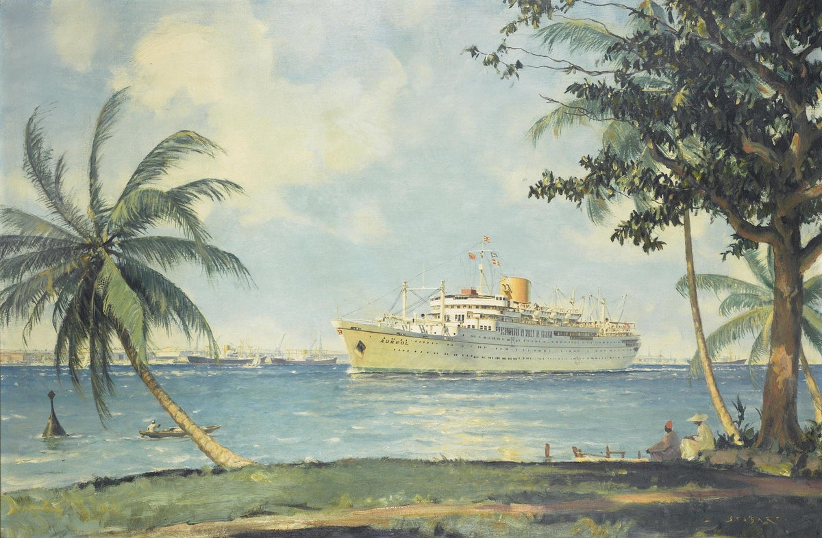 Hand-painted tropical ocean liner by palm trees nautical oil painting on canvas