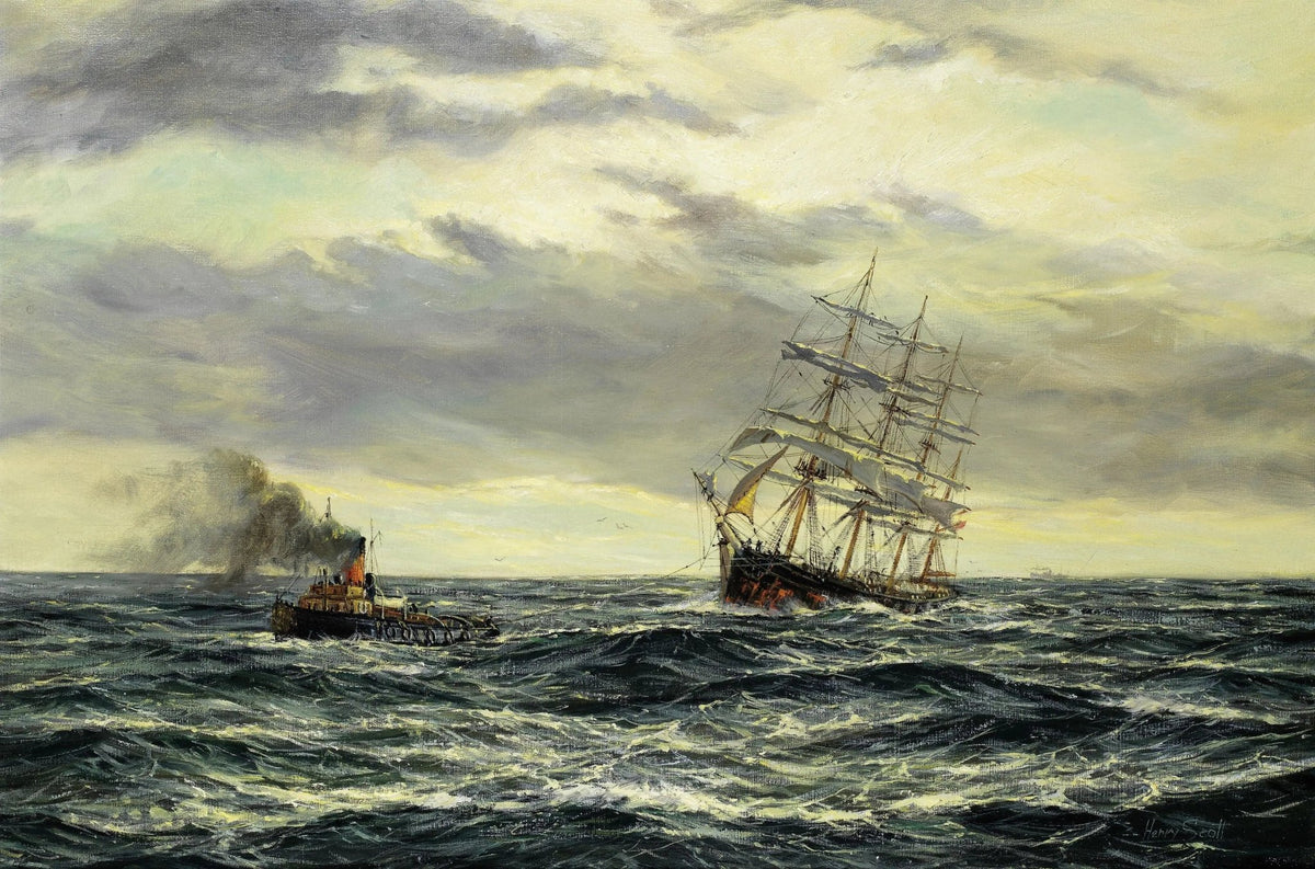 Hand-painted tugboat and sailing ship at sea nautical oil painting on canvas