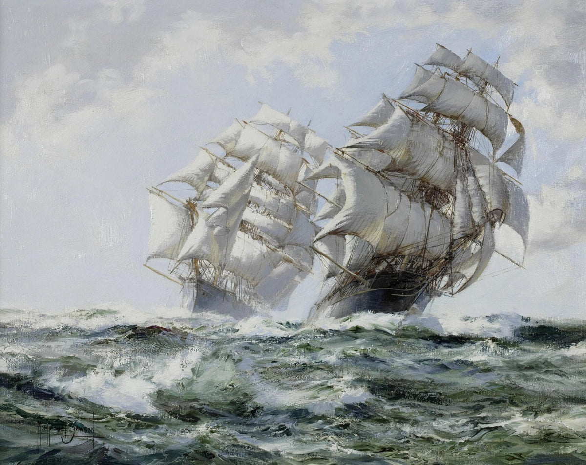 Hand-painted two sailing ships on rough sea nautical oil painting on canvas