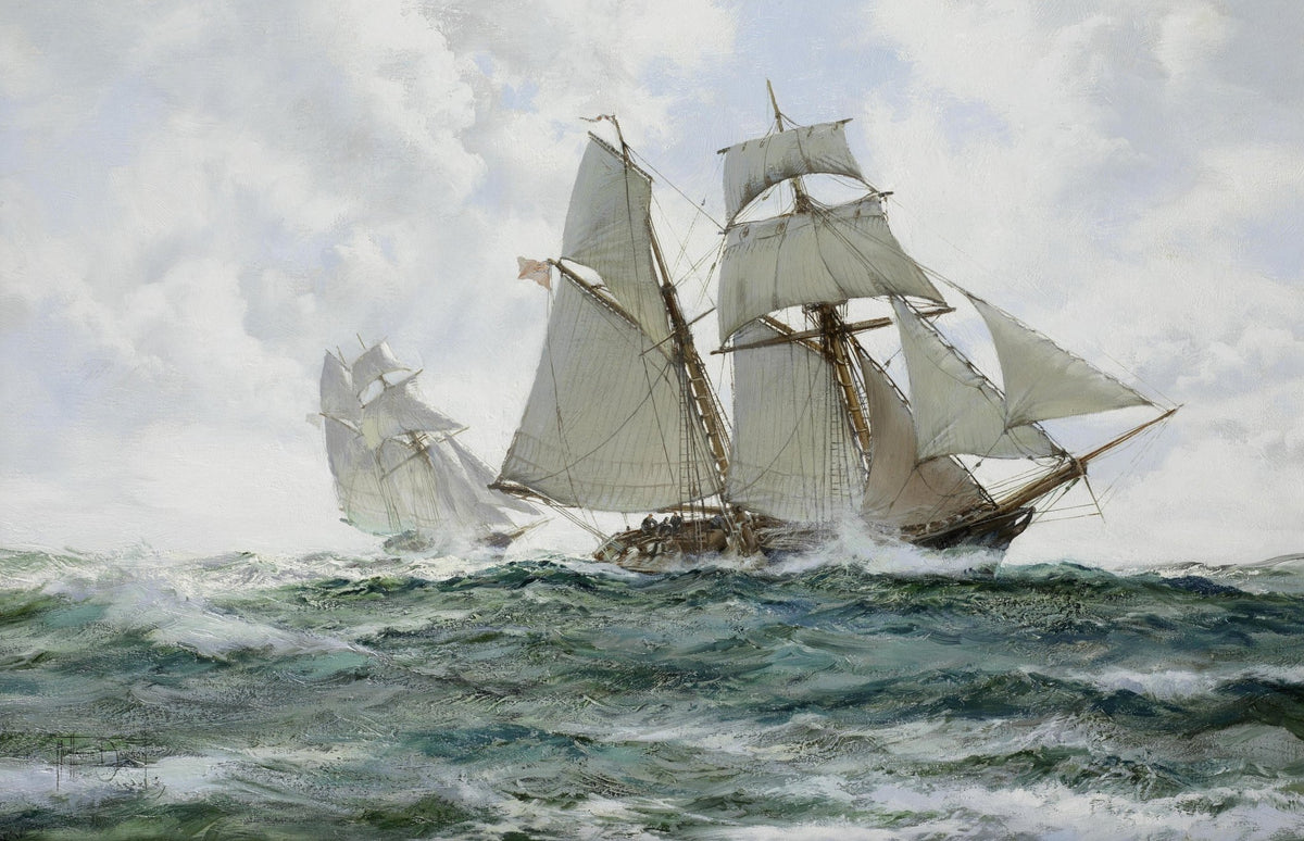 Hand-painted two schooners on choppy green waves nautical oil painting on canvas