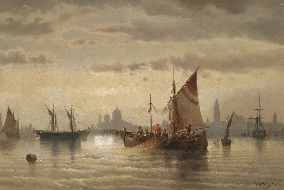 Hand-painted Venetian harbor at dusk nautical oil painting on canvas