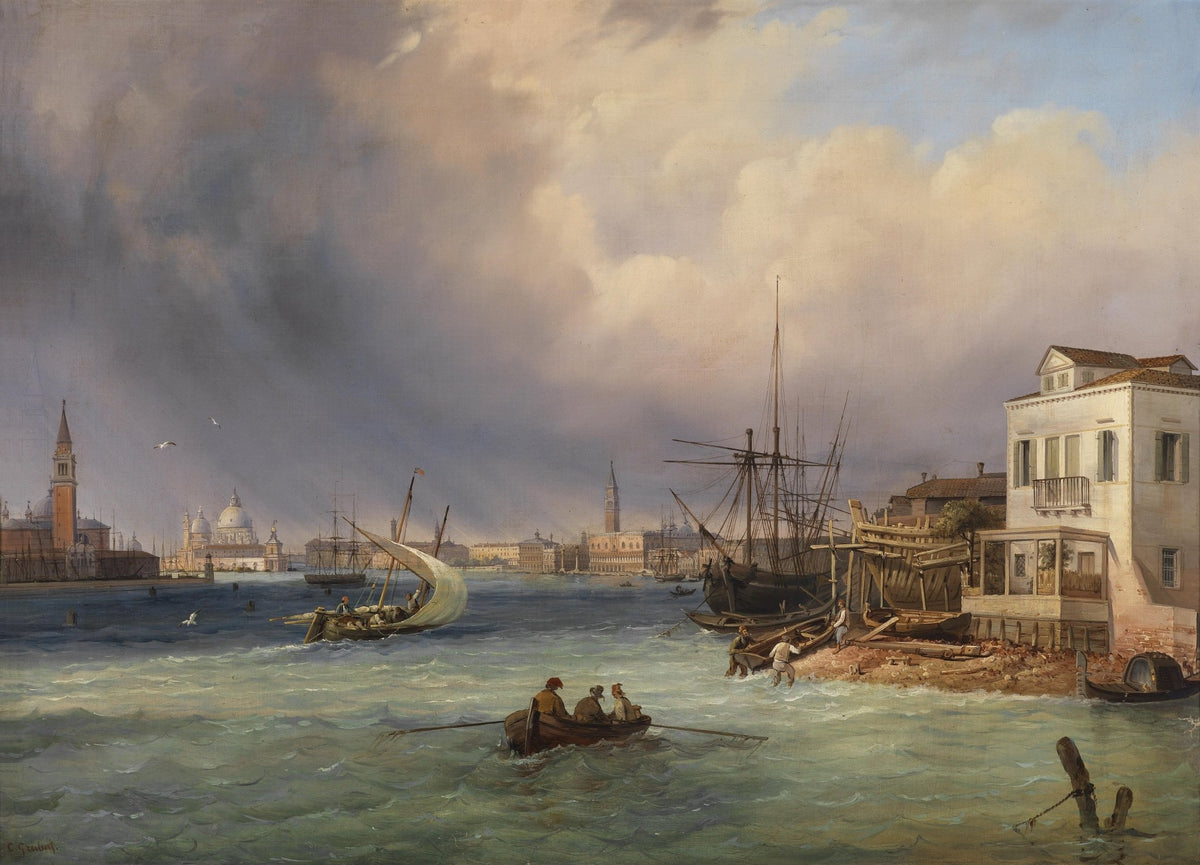Hand-painted Venetian harbor at sunset nautical oil painting on canvas