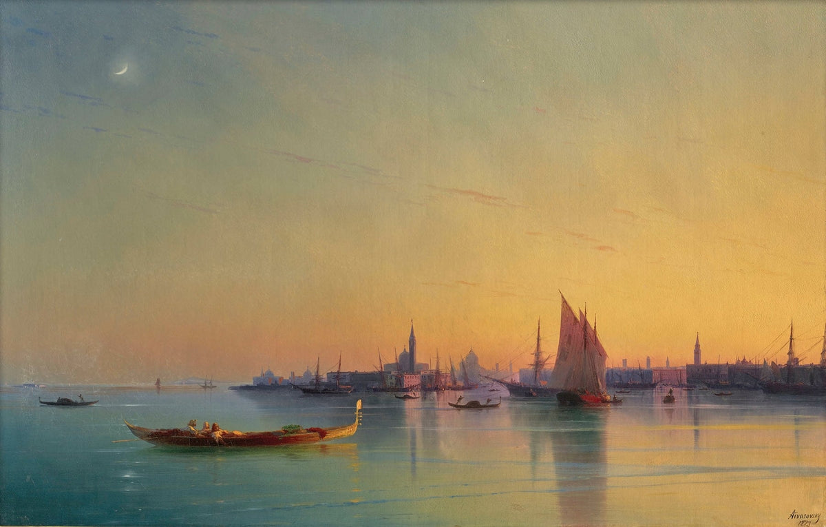 Hand-painted Venetian harbor at sunset, sailing boats nautical oil painting on canvas