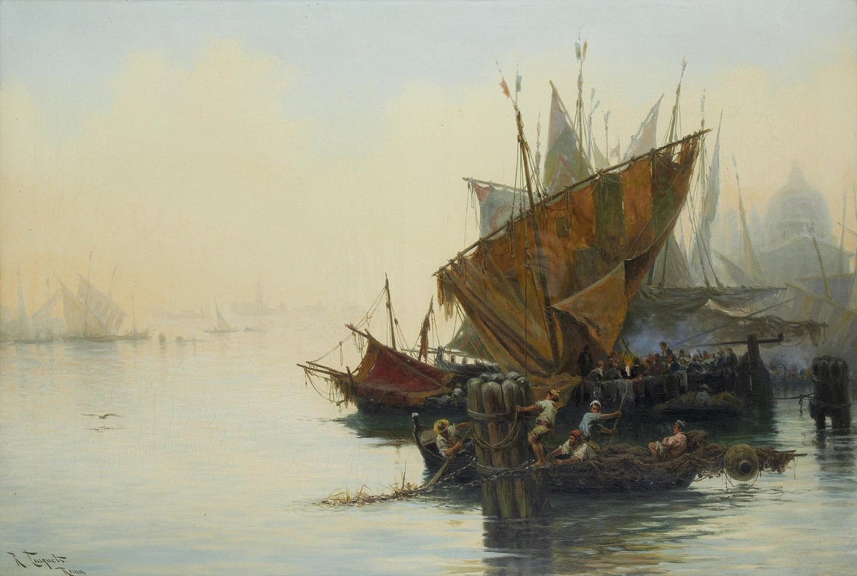 Hand-painted Venetian harbor boats in morning mist nautical oil painting on canvas