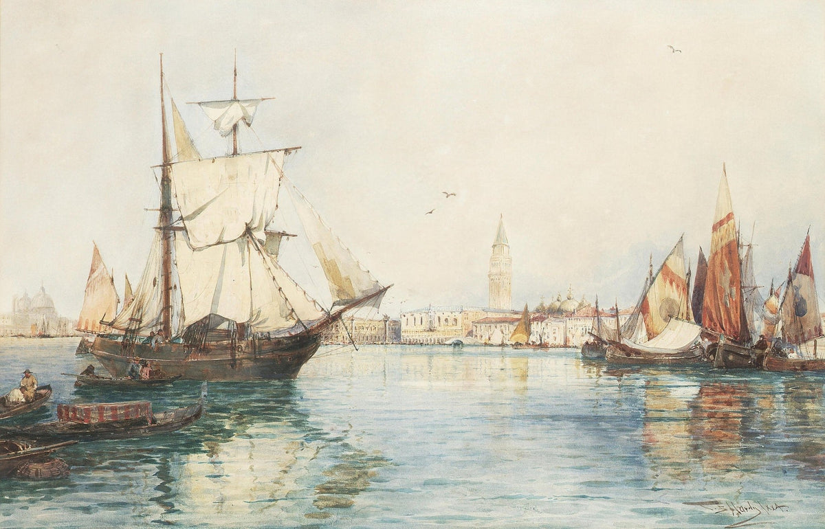 Hand-painted Venetian harbor sailboats at dawn nautical oil painting on canvas