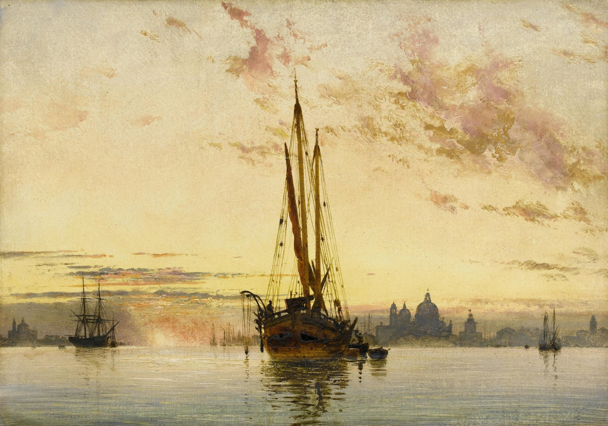 Hand-painted Venetian harbor sunset with sailboats nautical oil painting on canvas