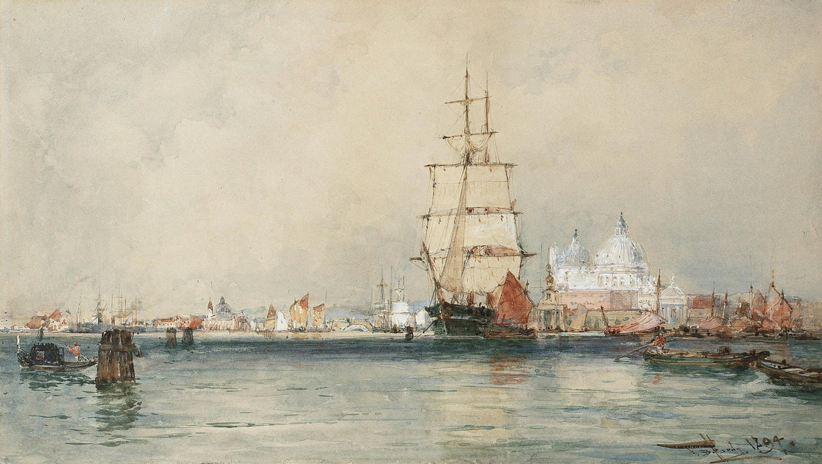 Hand-painted Venetian harbor with tall ship view nautical oil painting on canvas