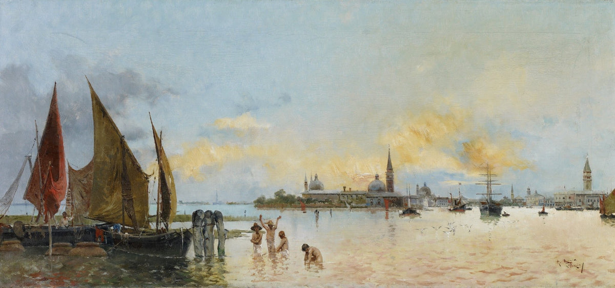 Hand-painted Venetian lagoon boats at sunset nautical oil painting on canvas