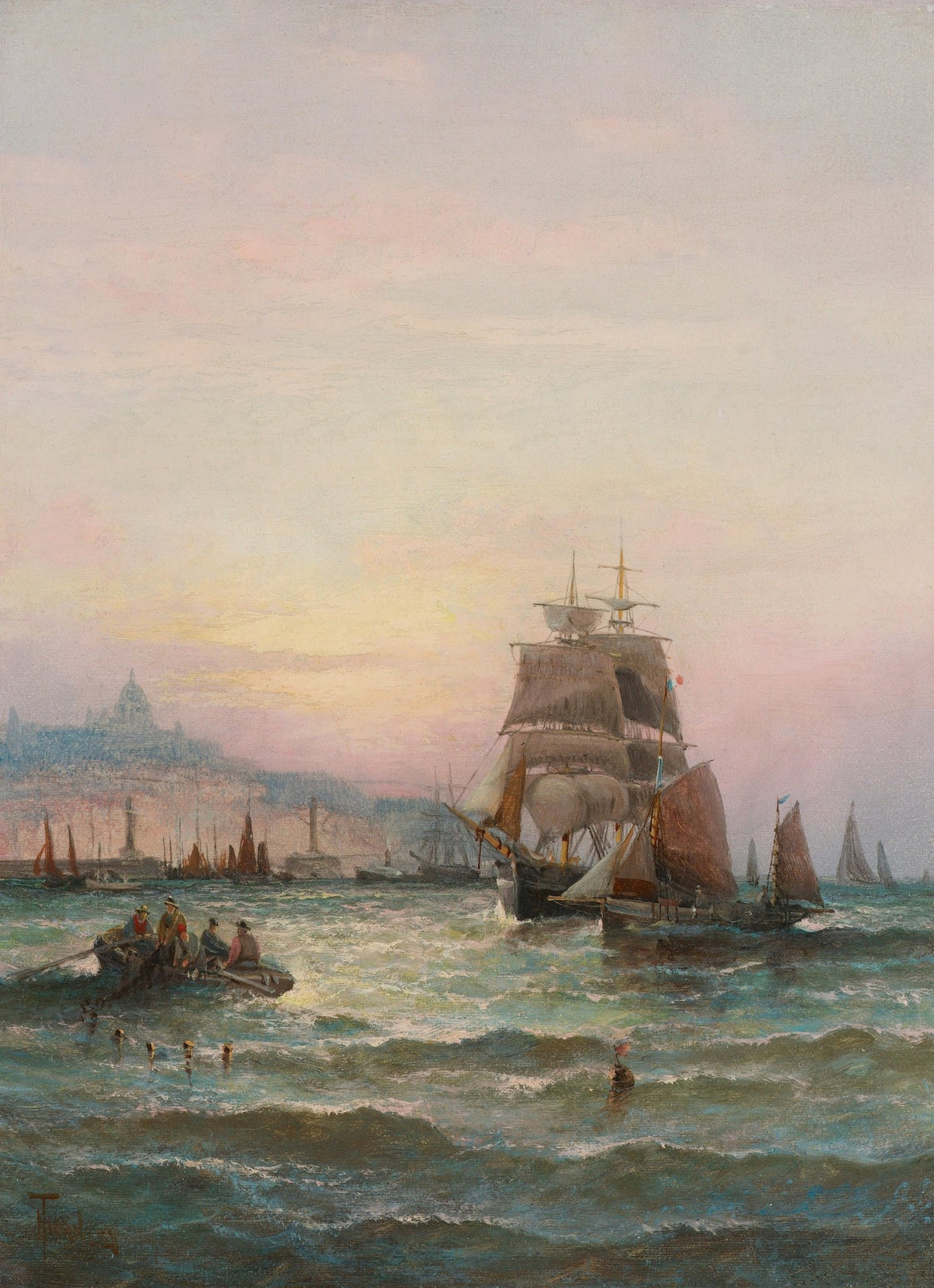 Hand-painted Venetian sailing ships at sunset nautical oil painting on canvas