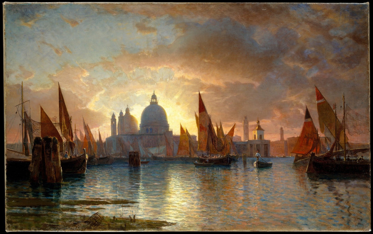 Hand-painted Venetian sunset with sailboats nautical oil painting on canvas