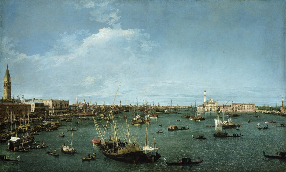 Hand-painted venice harbor boats on blue water nautical oil painting on canvas
