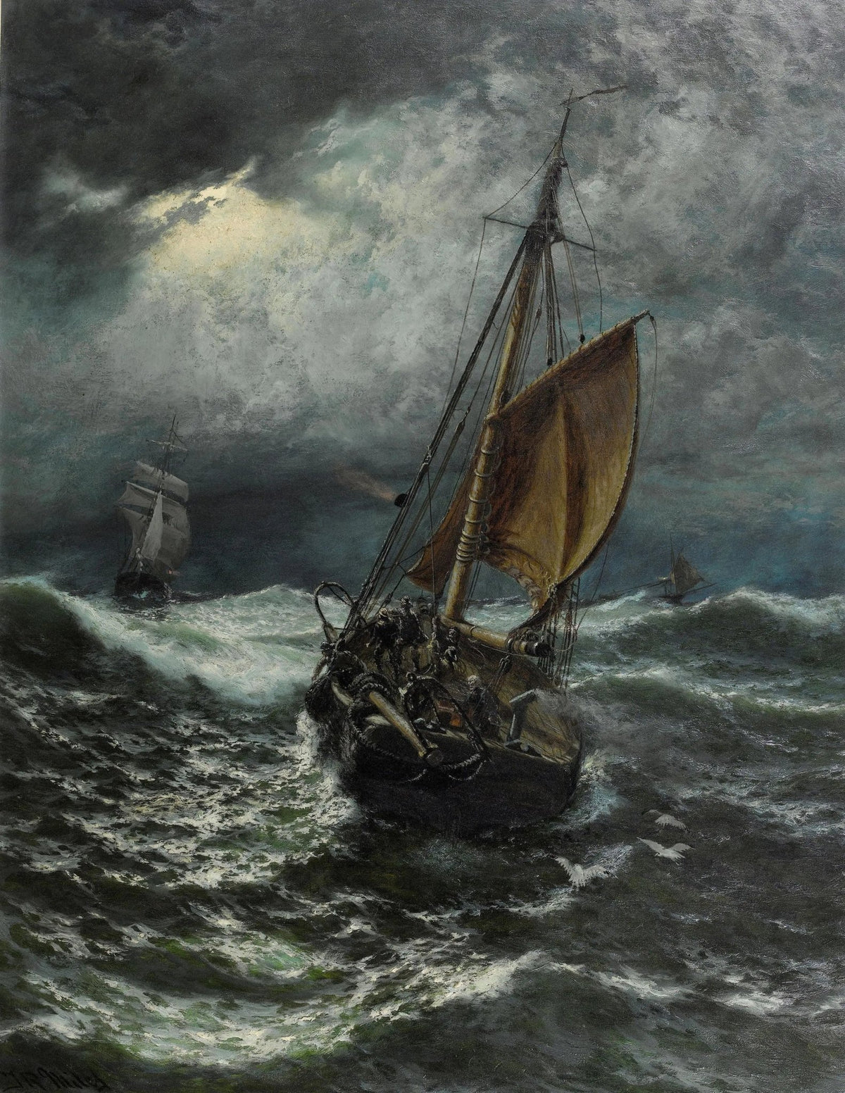 Hand-painted vessels in stormy seas nautical oil painting on canvas