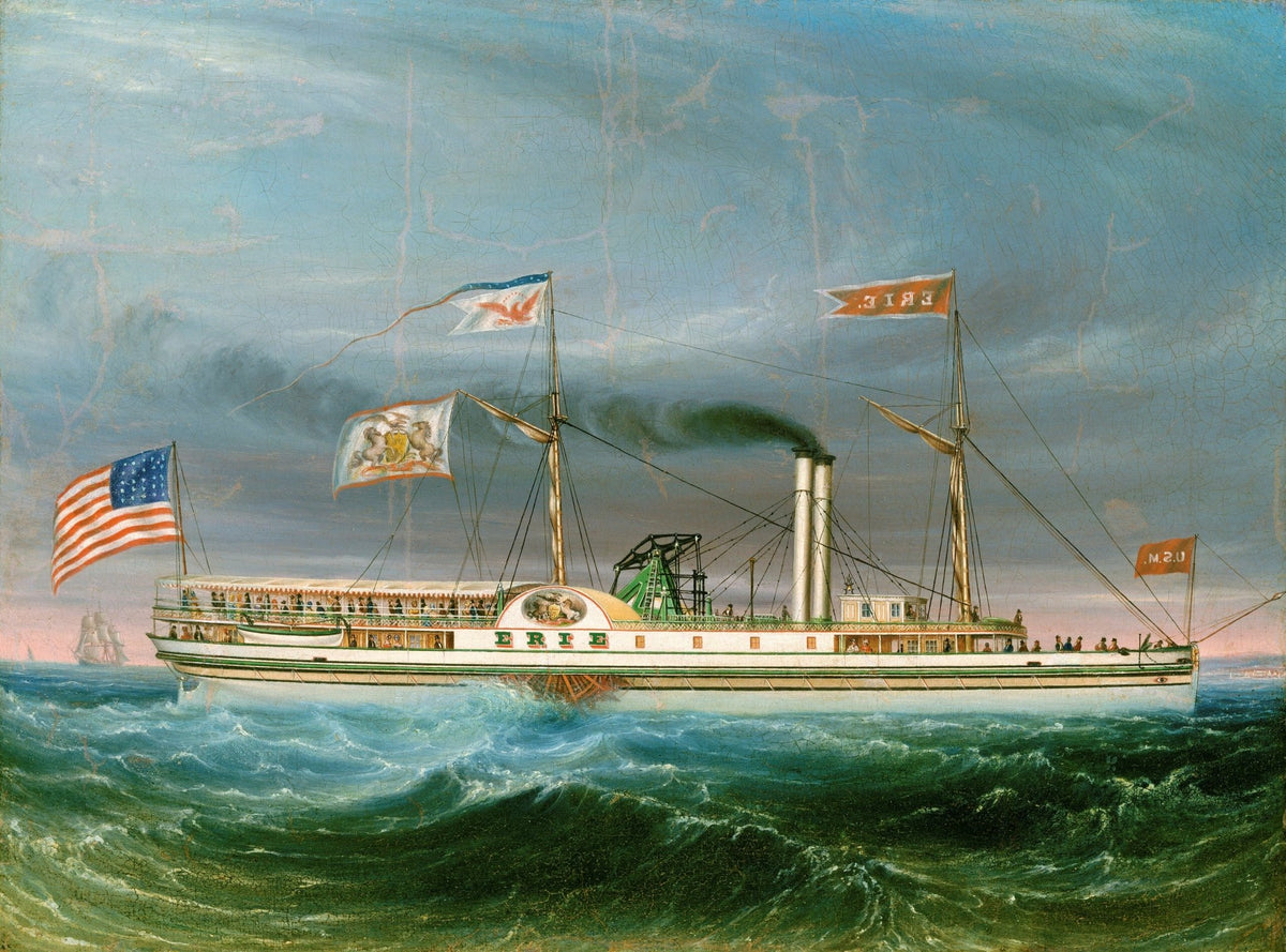 Hand-painted vintage steamboat erie on rolling sea nautical oil painting on canvas