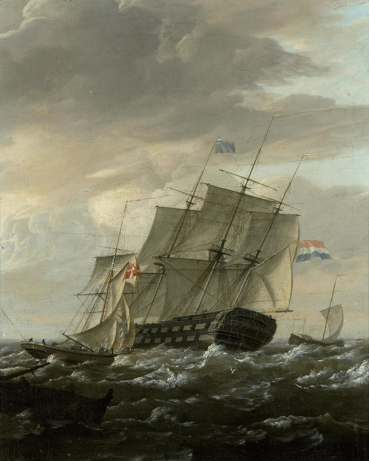 Hand-painted warship in stormy seas nautical oil painting on canvas