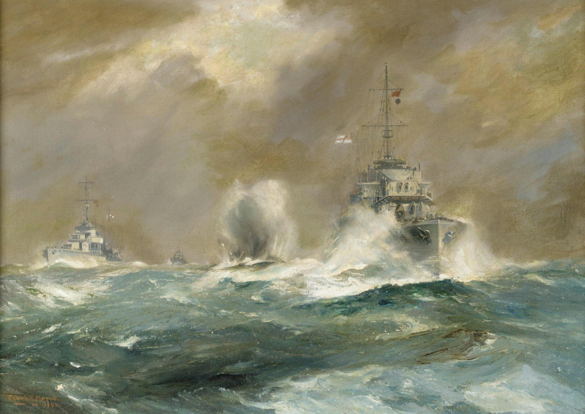 Hand-painted warships in rough sea under storm light nautical oil painting on canvas