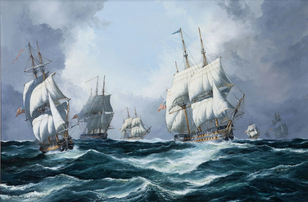 Hand-painted warships in stormy sea nautical oil painting on canvas