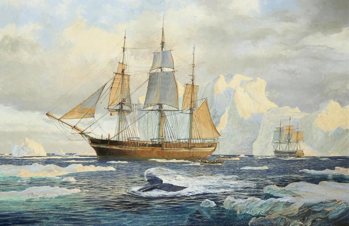 Hand-painted whaling ship in Arctic seas nautical oil painting on canvas