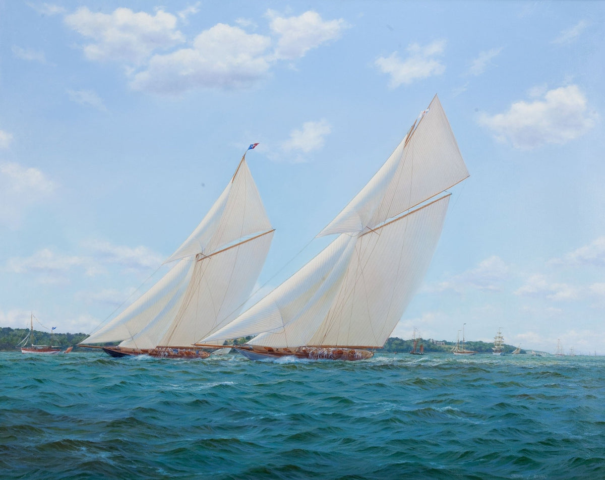 Hand-painted white racing sailboats on blue sea nautical oil painting on canvas