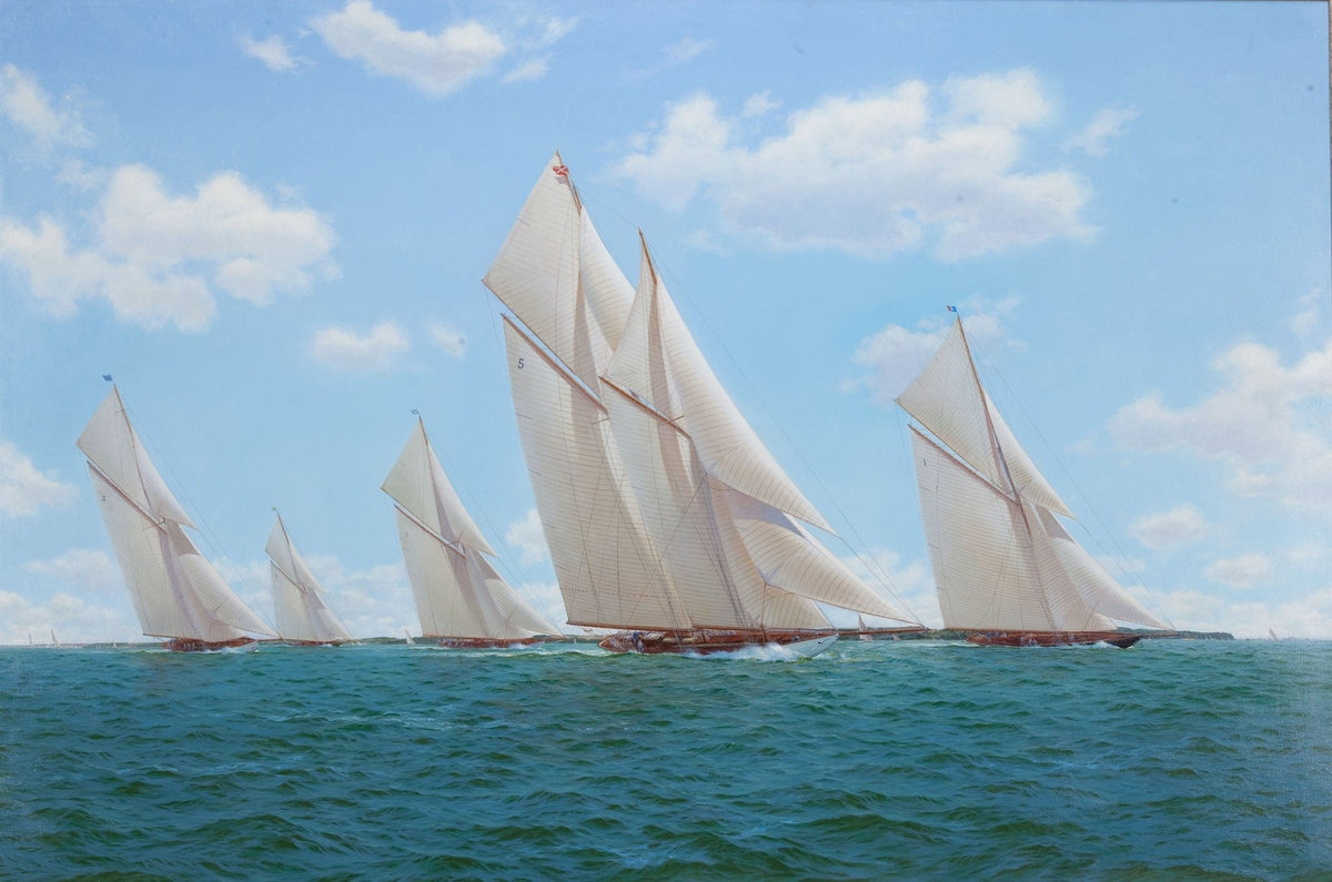 Hand-painted white racing sailboats on open water nautical oil painting on canvas