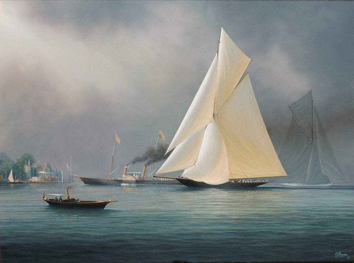 Hand-painted white racing yacht on calm harbor nautical oil painting on canvas