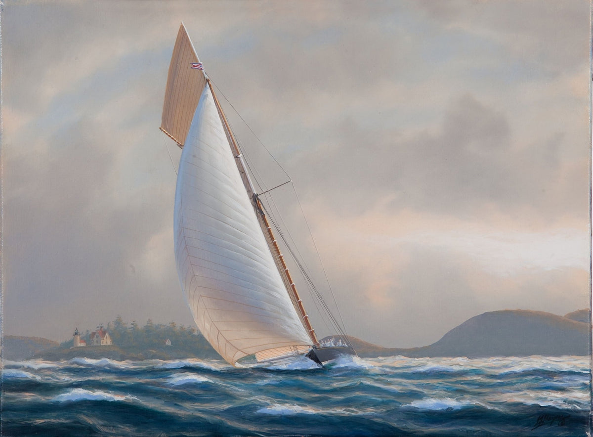 Hand-painted white racing yacht on coastal waves nautical oil painting on canvas