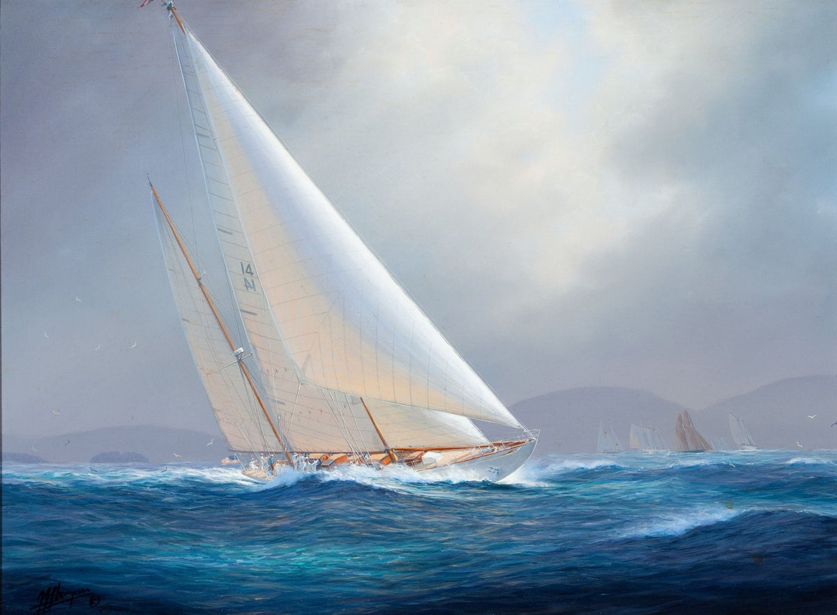 Hand-painted white racing yacht on rolling blue waves nautical oil painting on canvas