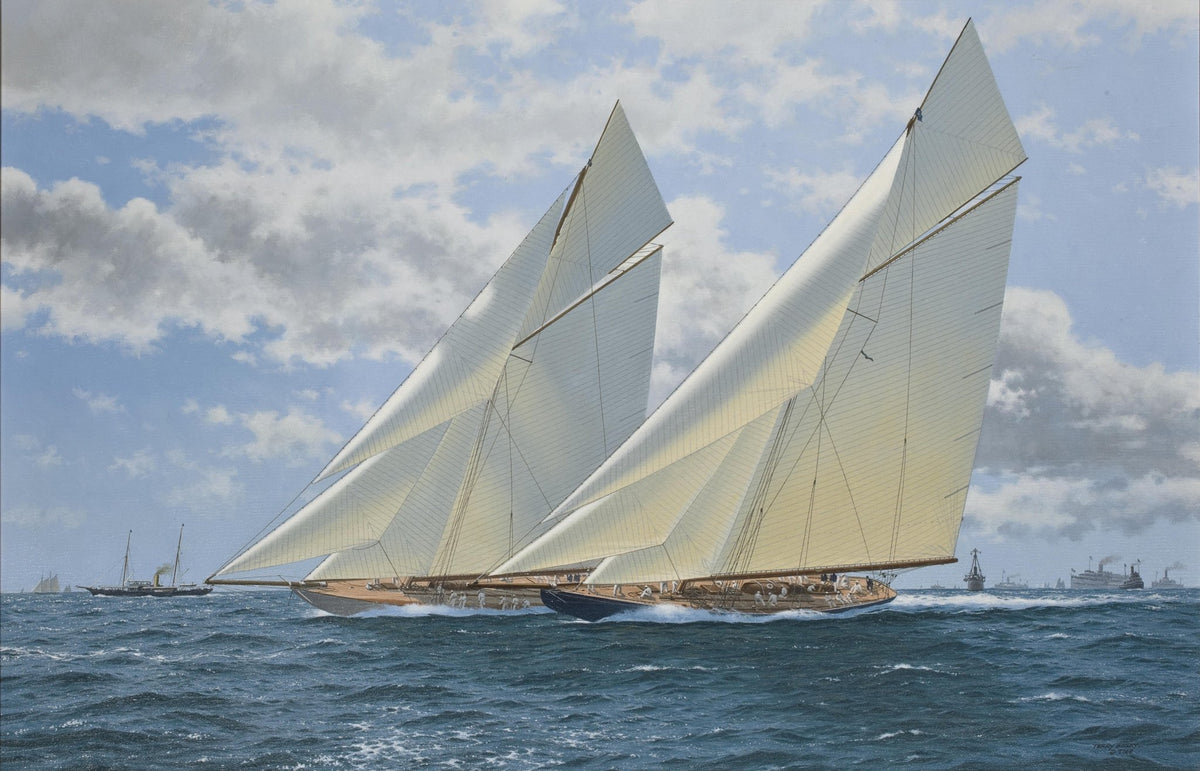 Hand-painted white racing yachts on blue sea nautical oil painting on canvas